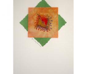  Greeting Card, Mixed Media, Handmade, Peach, Green